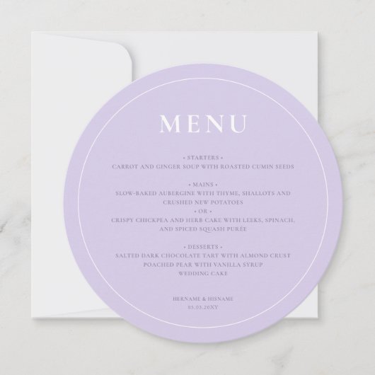 Round Modern Simple Lavender Lilac Wedding Menü Feiertagskarte (Vorderseite)