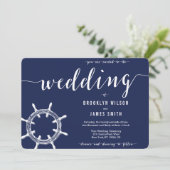 Round Nautical Navy Blue Wedding Wheel Einladung (Stehend Vorderseite)
