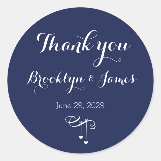 Round Navy Blue Wedding Stickers With White Hearts (Vorderseite)