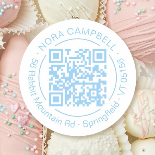 Round QR Code Circle Frame Name Address Blue Baby Runder Aufkleber