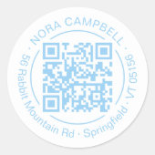 Round QR Code Circle Frame Name Address Blue Baby Runder Aufkleber (Vorderseite)