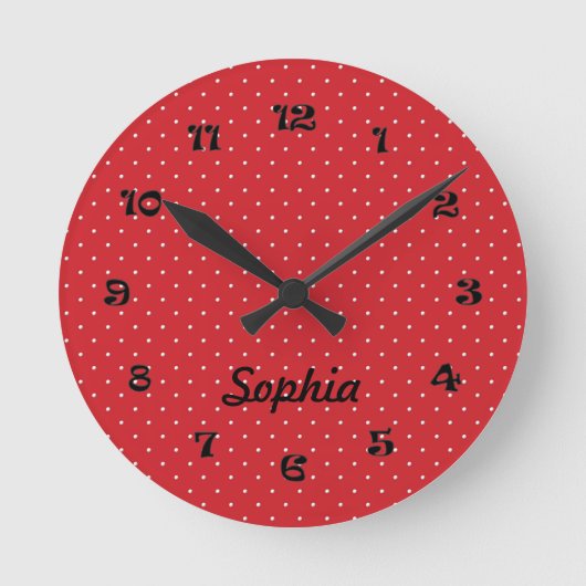 Round Red and White Polka Dot Clock Runde Wanduhr (Vorderseite)