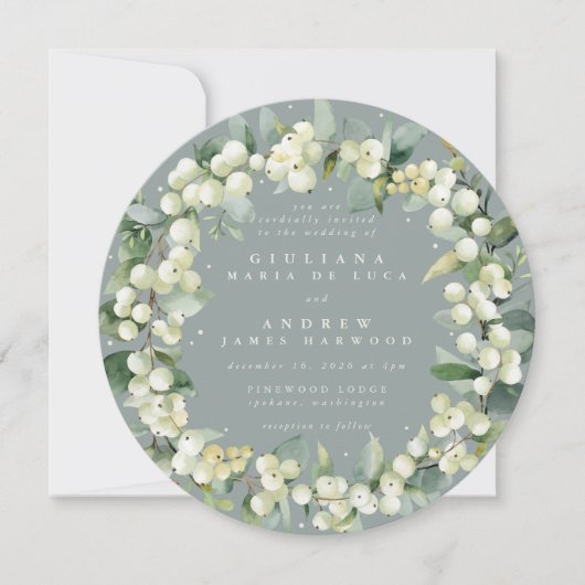 Round Seafoam Snowberry+Eucalyptus Wreath Wedding Einladung (Vorderseite)