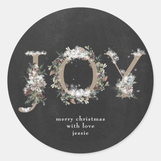 Round Sticker Christmas JOY Chalk Holiday Florals (Vorderseite)