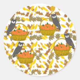 Round Sticker Fall Owls Pumpkin Basket Autocollant