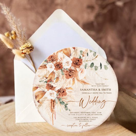 Round Wood Grain Boho Pampas Grass Photo Wedding  Einladung