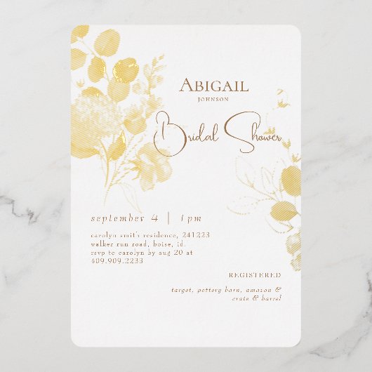 Rounded Botanical Brautparty Gold Foil Folieneinladung (Vorderseite)