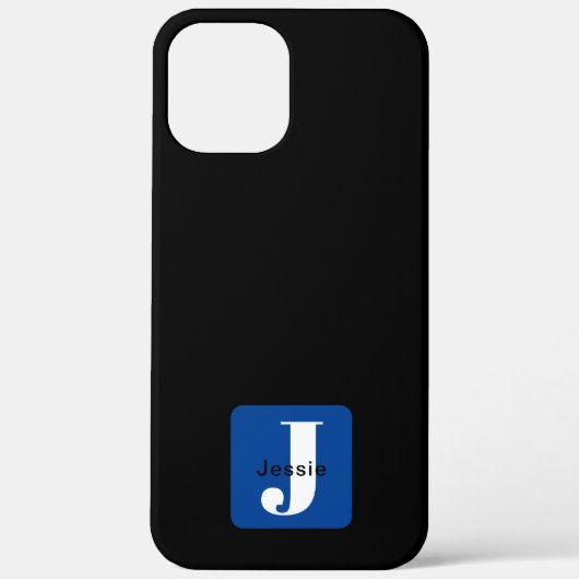 Rounded Box Name & Monogram | Schwarz-weiß & blau Case-Mate iPhone Hülle (Rückseite)
