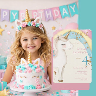 Rounded Magical Day Unicorn Girl Birthday Party Einladung