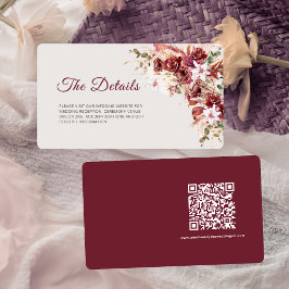 Rounded Mini Burgundy Floral QR Wedding Details Begleitkarte
