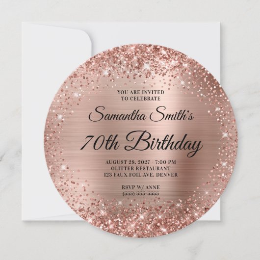 Rounded Rose Gold Glitzer Monogram 70. Geburtstag Einladung (Vorderseite)