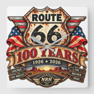Route 66 100 Jahre 1926–2026 Vintage Americana Wan Quadratische Wanduhr