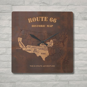 Route 66 Centennial 8-Staaten-Karten-Dekor Quadratische Wanduhr