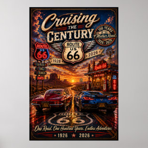 Route 66 Centennial Classic Cars Neon Road Poster