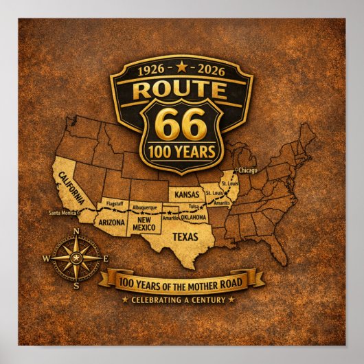 Route 66 Centennial Vintage Map Design Poster (Vorne)
