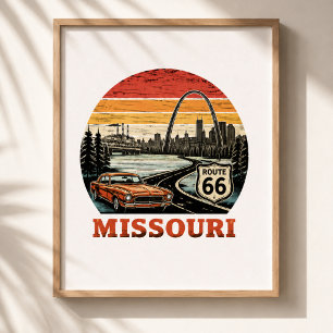Route 66 Missouri Gateway Arch Retro-Streifen Sonn Poster
