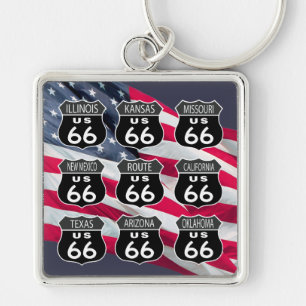 Route 66 mit US-Flagge Schlüsselanhänger