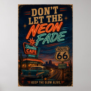 Route 66 Neon Cafe Classic Car Nachtfahrt Poster