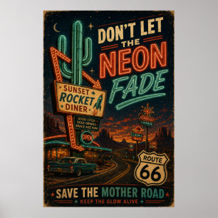 Route 66 Neon-Diner-Americana-Roadtrip-Nächte Poster
