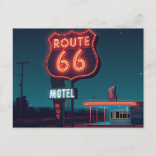 Route 66 Neon-Motel Nacht-Reise-Kunst Postkarte
