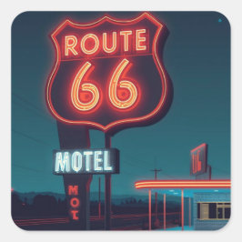 Route 66 Neon Motel Night Travel Art Quadratischer Aufkleber