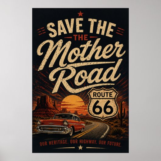 Route 66 Oldtimer - Rette die Mother Road  Poster (Vorne)