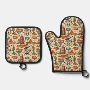 Route 66 Retro Roadside Americana Kochstil Ofenhandschuh & Topflappen-Set