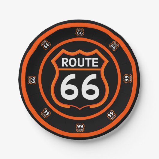 Route 66 schwarze und orange Pappteller (Vorderseite)