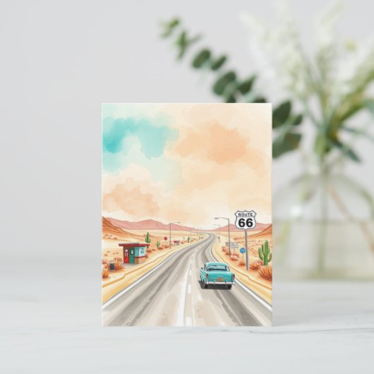 Route 66 Sonnenuntergang Wasserfarbe Postkarte (Stehend Vorderseite)