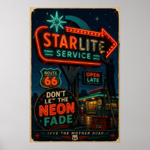 Route 66 Starlite Neon Mother Road Revival Poster