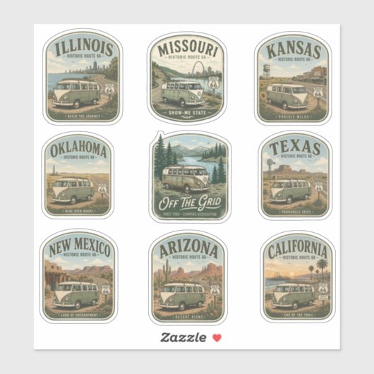 Route 66 State-by-State Vintage Camper Aufkleber (Blatt)