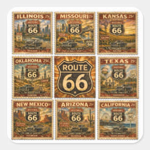 Route 66 State Stamp Stationery Art Quadratischer Aufkleber