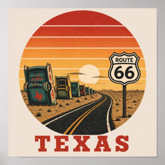 Route 66 Texas Cadillac Wüstensonnenuntergang Poster (Vorne)