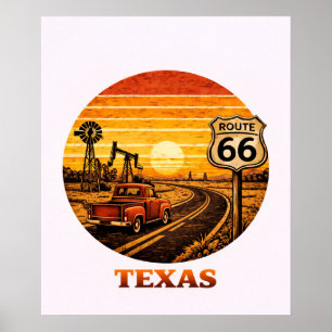 Route 66 Texas Ölfördergebiet Sonnenuntergang Retr Poster