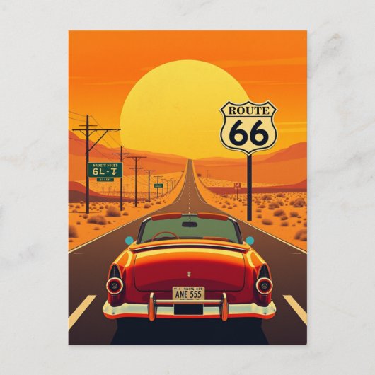 Route 66 Vintag Sunset Highway mit Auto Postkarte (Vorderseite)