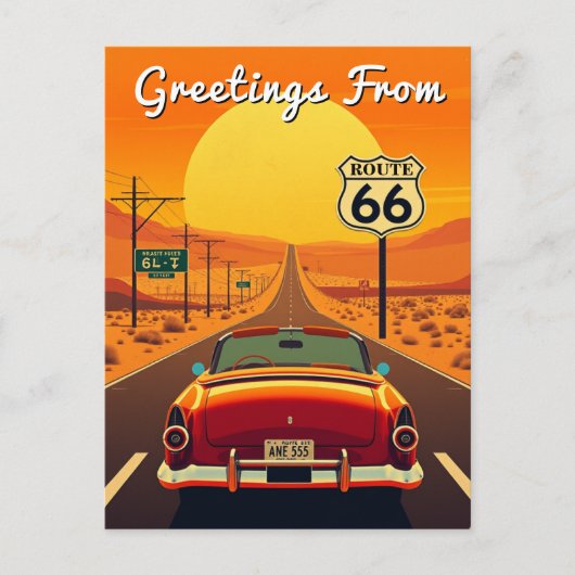 Route 66 Vintag Sunset Highway mit Auto Postkarte (Vorderseite)