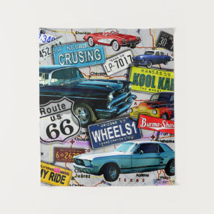 Route 66, Vintage-Autos, Road Trips Wandteppich