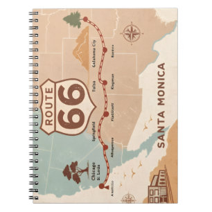 Route 66 Vintage Karte mit historischen Städten Notizblock