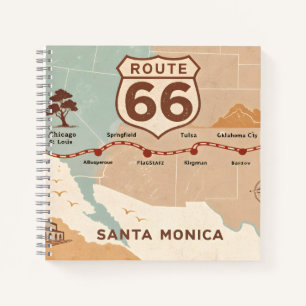 Route 66 Vintage Karte mit historischen Städten Notizblock
