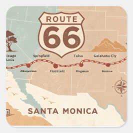 Route 66 Vintage Map with Historic Cities Quadratischer Aufkleber