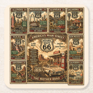 Route 66 Vintage-Reise-Stempel-Collage Rechteckiger Pappuntersetzer