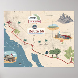 Route 66 Vintage-Reisekarte Illustration Poster