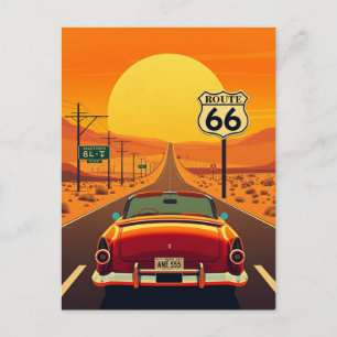 Route 66 Vintage Sonnenuntergang Highway mit Auto Postkarte