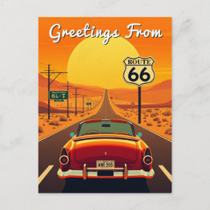 Route 66 Vintage-Sonnenuntergang-Highway mit Auto Postkarte