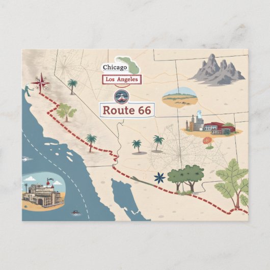 Route 66 Vintage Travel Map Illustration Postkarte (Vorderseite)