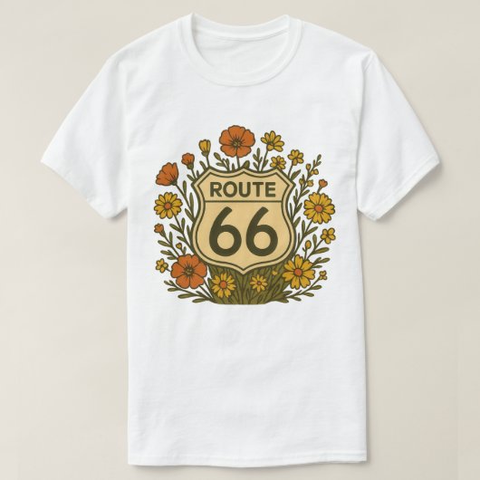 Route 66 Vintages Blumendesign T-Shirt (Design vorne)
