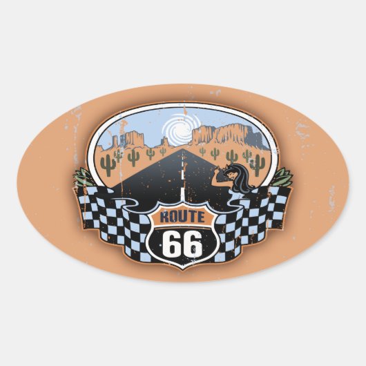 Route 66 Wüste Ovaler Aufkleber (Vorderseite)