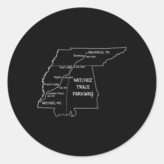 Route Karte der Natchez Trace Parkway National SC Runder Aufkleber (Vorderseite)