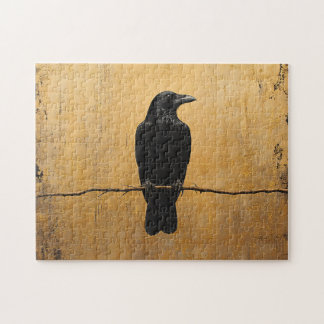 Roven auf einem Zweig Gold Background Puzzle