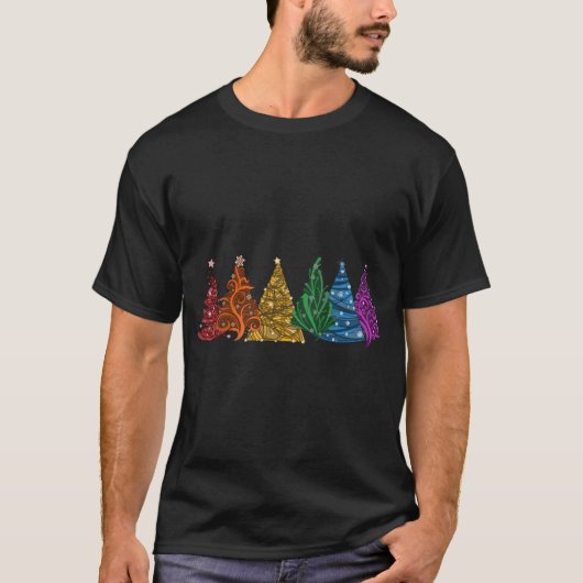 Row of Si LGBTQ Pride Rainbow Christmasrees Vector T-Shirt (Vorderseite)